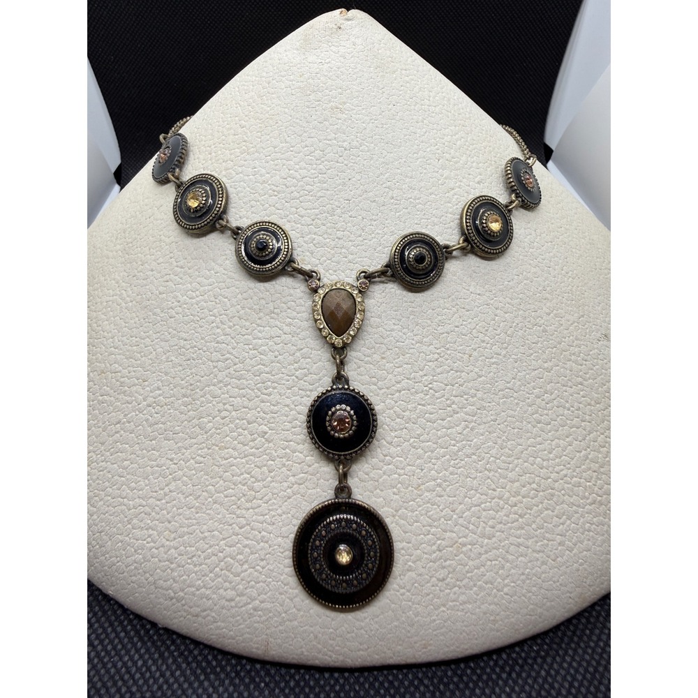 NRT Antique Brass Black Enamel Rhinestone Y-Necklace Boho Statement Medallion